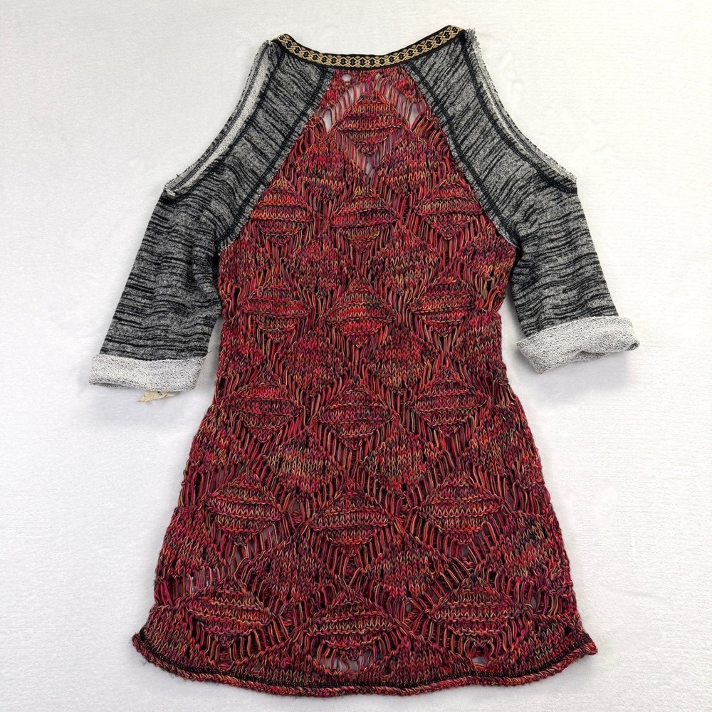 NEW BKE Womens Size Small Cold Shoulder Boho Crochet Knit Tunic Top Pink Orange - Picture 2 of 11